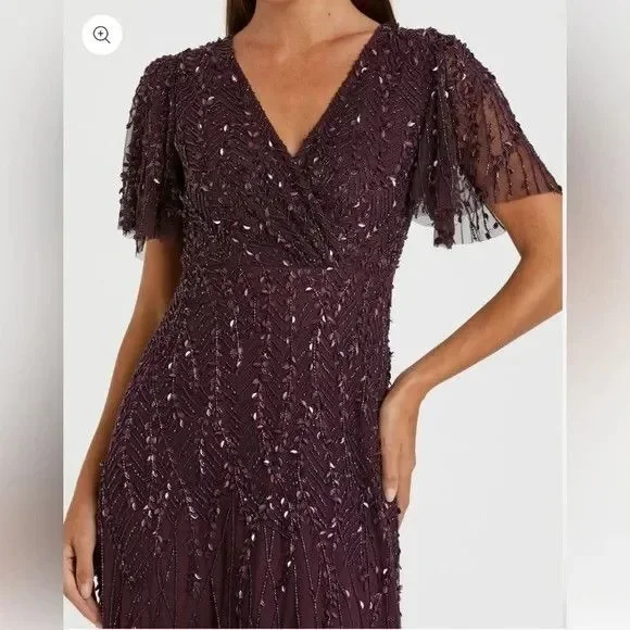 Mac Duggal Blush Flutter Sleeve Embellished‎ Sequin Gown 35109 $698 AUBERGINE